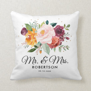 Autumn Burgundy Blush Floral Blossom Wedding Throw Pillow