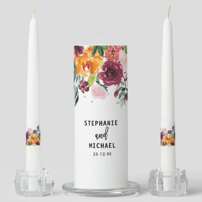 Autumn Burgundy Blush Floral Blossom Wedding Unity Candle Set (Front)