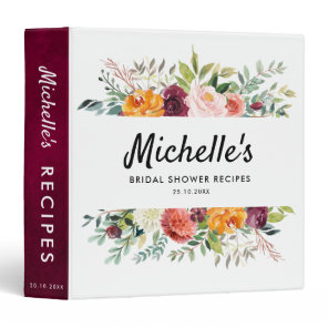 Autumn Burgundy Blush Floral Bridal Shower Recipe 3 Ring Binder