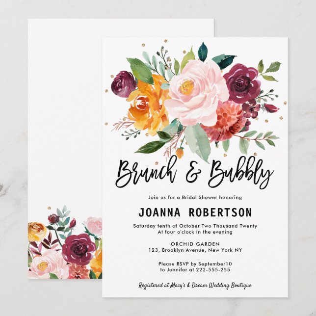 Autumn Burgundy Blush Floral Brunch & Bubbly Invit Invitation (Front/Back)