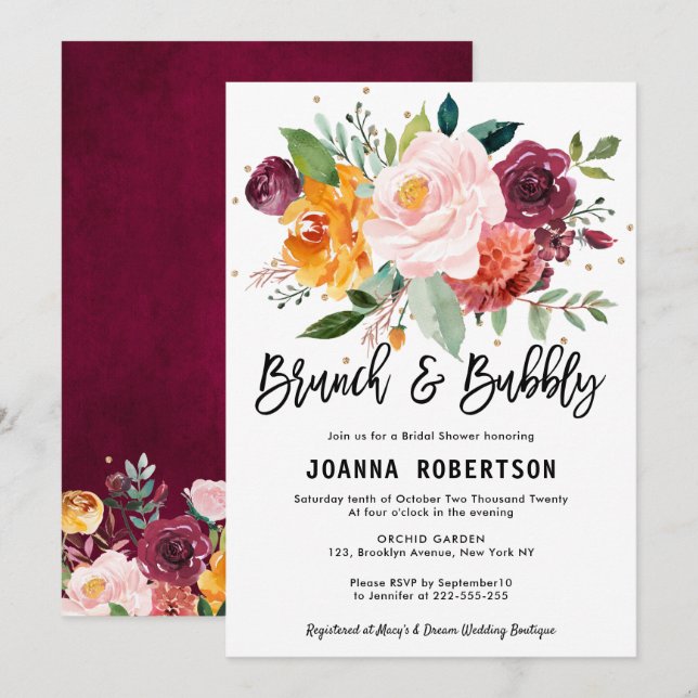 Autumn Burgundy Blush Floral Brunch & Bubbly Invitation (Front/Back)