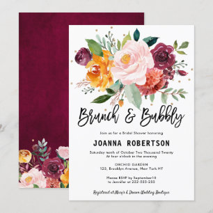 Autumn Burgundy Blush Floral Brunch & Bubbly Invitation
