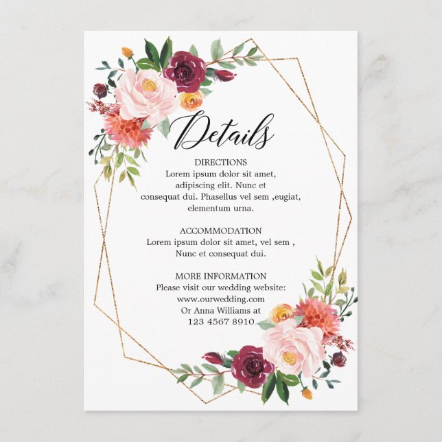 Autumn Burgundy Blush Floral geometric Details Enclosure Card (Front)