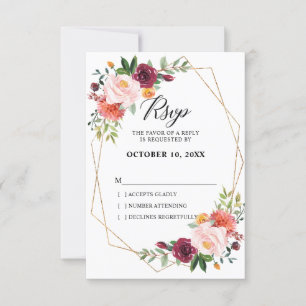 Autumn Burgundy Blush Floral geometric Wedding RSVP Card