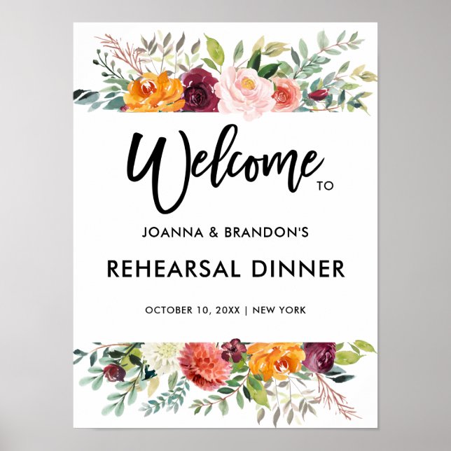 Autumn Burgundy Blush Floral Rehearsal Dinner Poster (Front)