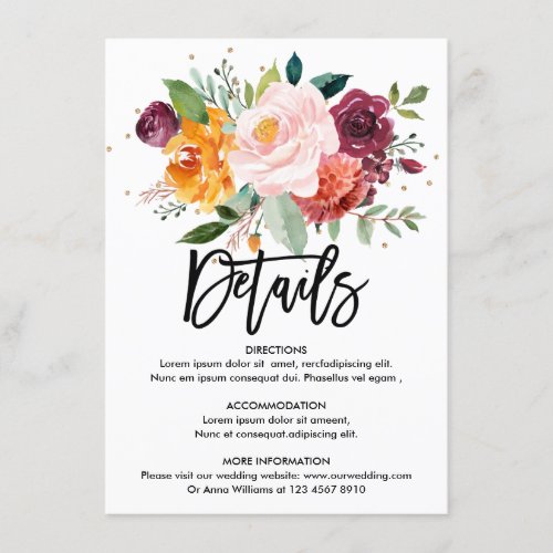 Autumn Burgundy Blush Floral Wedding Details Enclosure Card