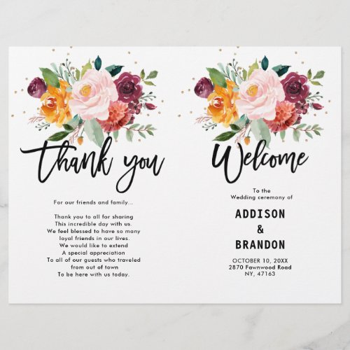 Autumn Burgundy Blush Floral Wedding Program