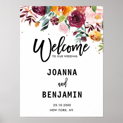 Autumn Burgundy Blush Floral Wedding Welcome Poster