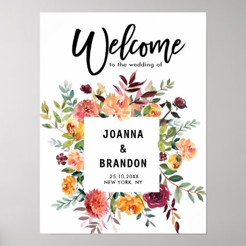 Autumn Burgundy Blush Floral Wedding Welcome Poster