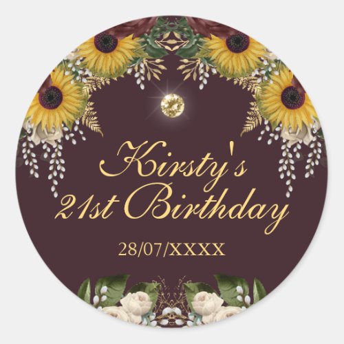 Autumn Burgundy Fall Flowers Foliage Birthday Classic Round Sticker