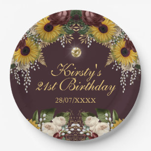 Autumn Burgundy Fall Flowers Foliage Birthday Paper Plates