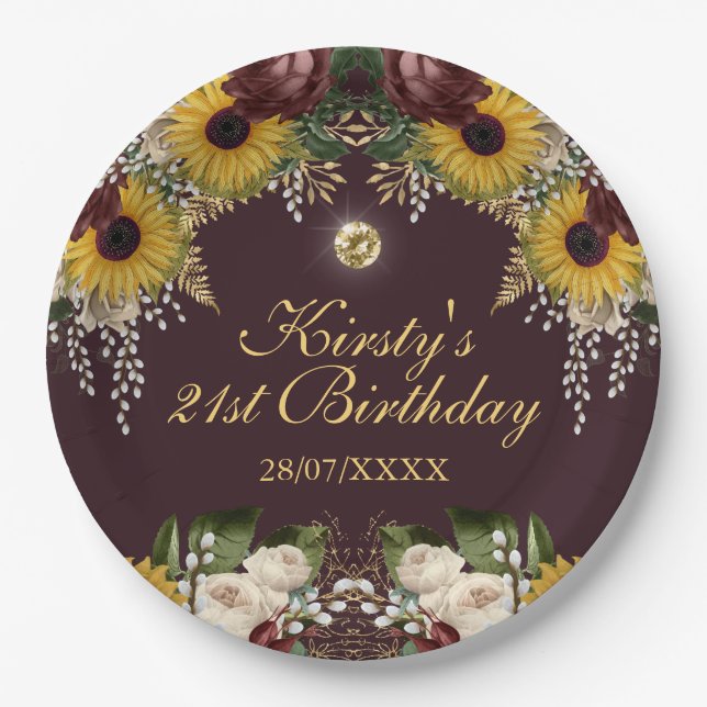 Autumn Burgundy Fall Flowers Foliage Birthday Paper Plates (Front)