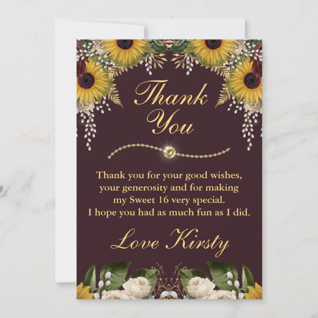 Autumn Burgundy Fall Flowers Foliage Sweet 16 Thank You Card (Front)