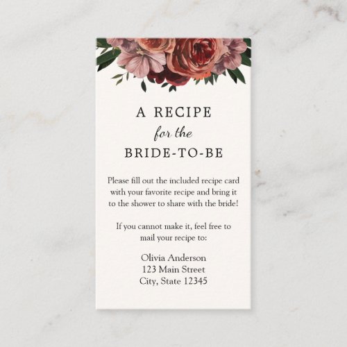 Autumn Burgundy Floral Bridal Recipe Request Enclosure Card