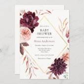 Autumn Burgundy Floral Gold Frame Baby Shower Invitation (Front/Back)