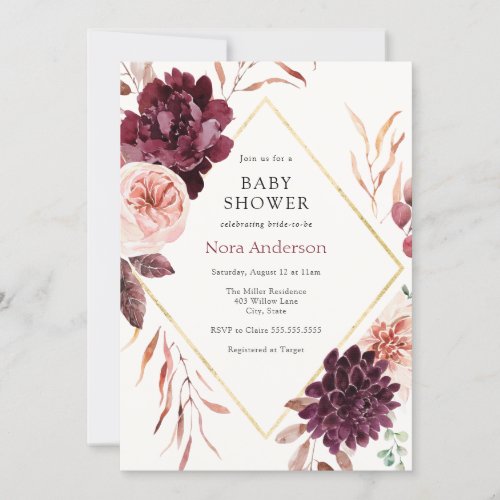 Autumn Burgundy Floral Gold Frame Baby Shower Invitation