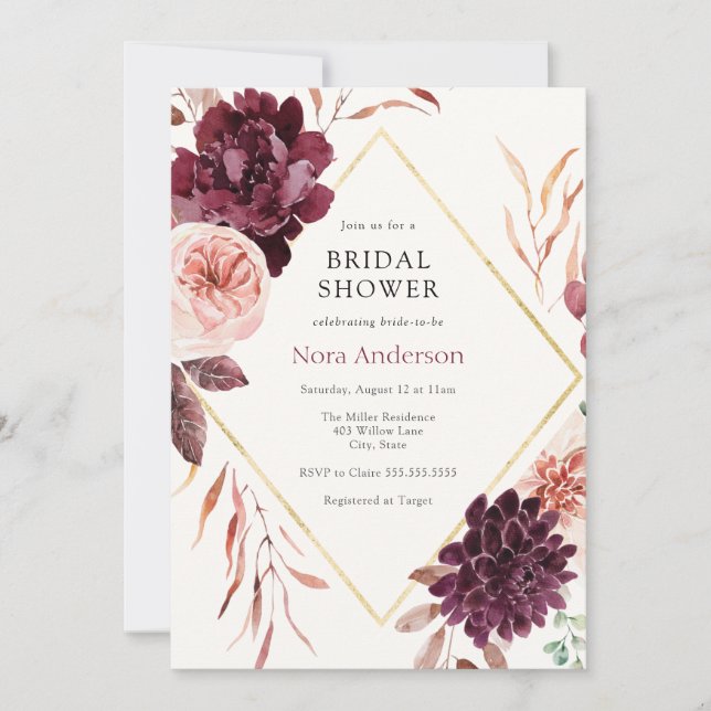Autumn Burgundy Floral Gold Frame Bridal Shower Invitation (Front)
