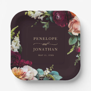Autumn Burgundy Floral Gold Script Wedding Paper Plates