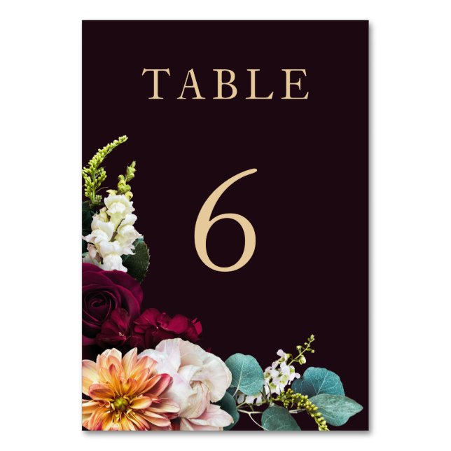 Autumn Burgundy Floral Gold Script Wedding Table Number (Front)