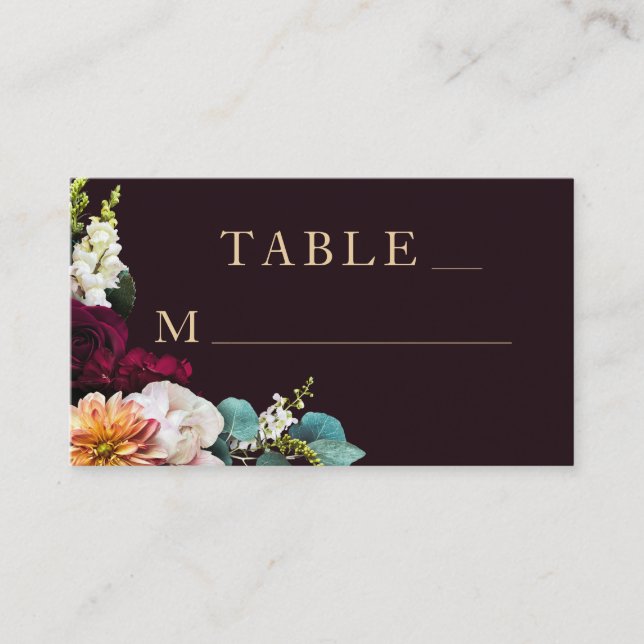 Autumn Burgundy Floral Gold Typography Wedding Place Card (Front)