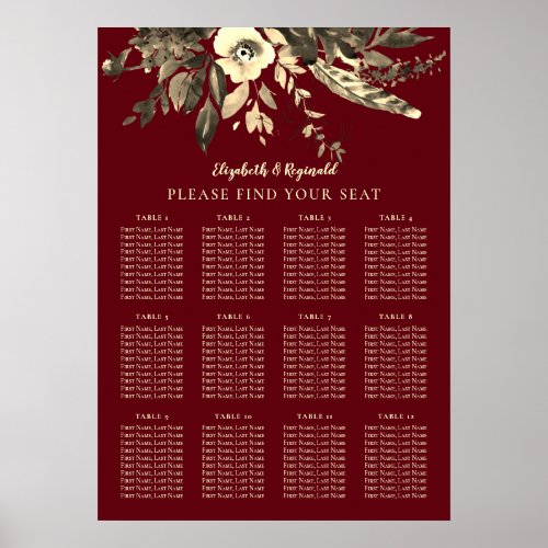 Autumn Burgundy Floral Ivory Wedding Seating Chart