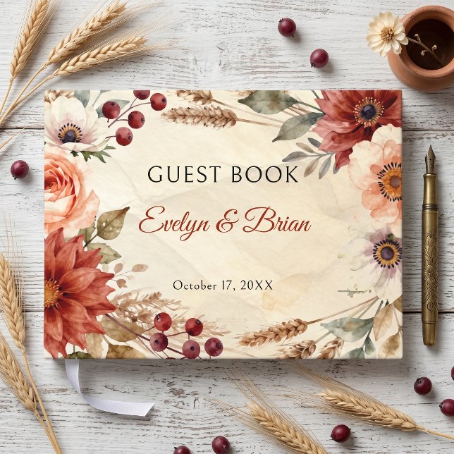 Autumn Burgundy Floral Watercolor Rustic Wedding Guest Book (Creator Uploaded)
