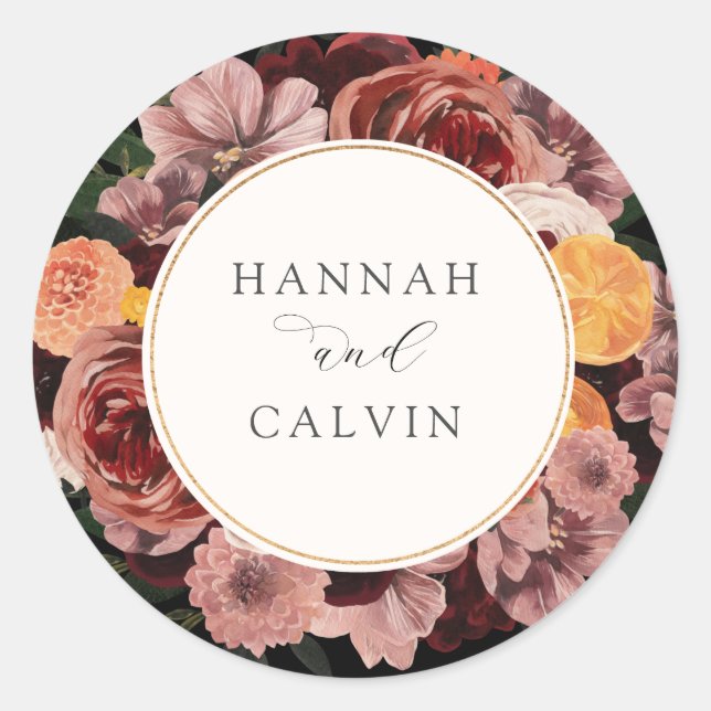 Autumn Burgundy Floral Wedding Classic Round Sticker (Front)