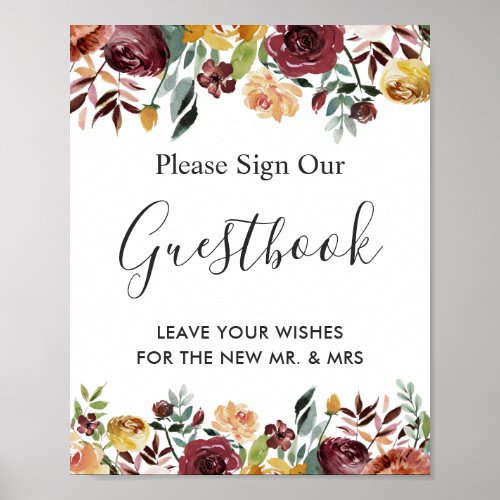 Autumn Burgundy Floral Wedding Guestbook Sign