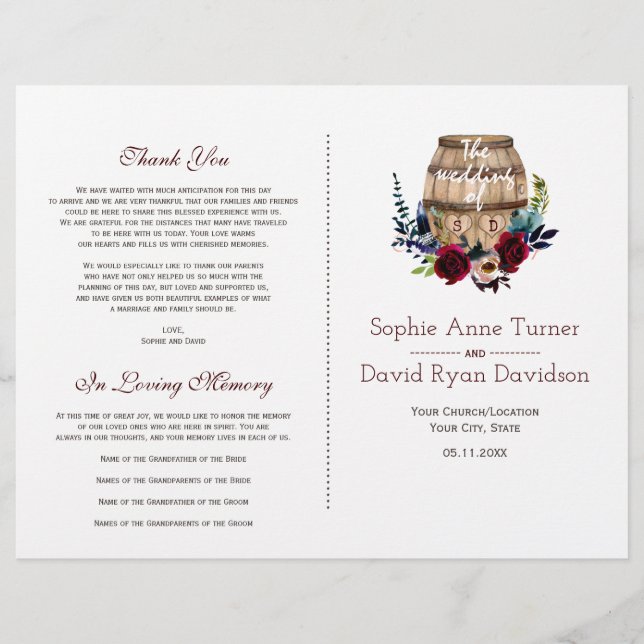 Autumn Burgundy Floral Wine Barrel Wedding Program Flyer (Front)