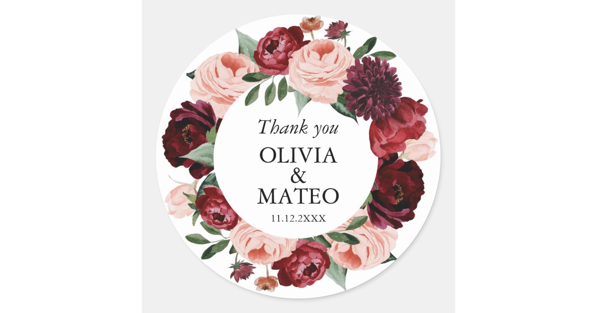 Burgundy Floral Navy Blue Monogram Wedding Favor Classic Round Sticker, Zazzle