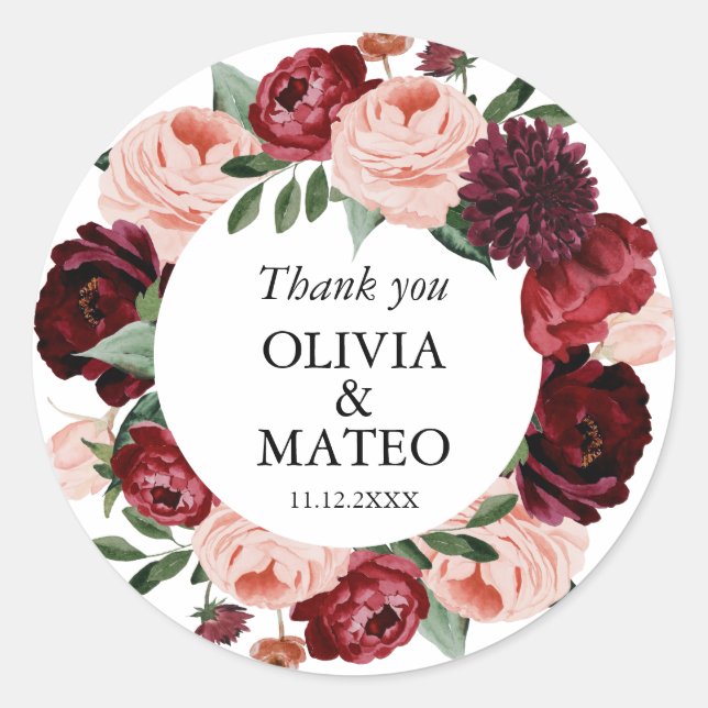 Autumn Burgundy Flower Wedding Favor Classic Round Sticker (Front)