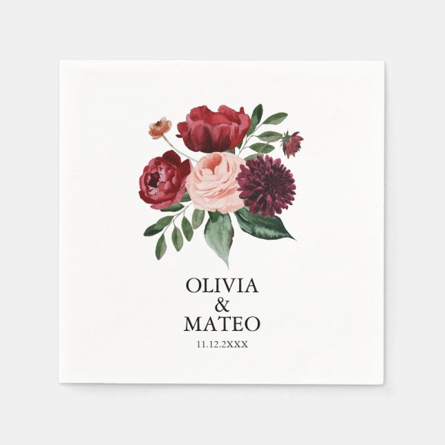 Autumn Burgundy Flower Wedding Napkins (Front)
