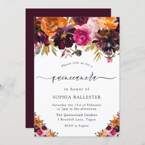 Autumn Burgundy Flowers Fall Quinceanera Party Invitation