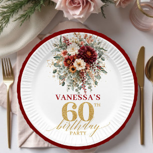 Autumn Burgundy Gold Floral 60th Birthday Paper Pl Plates