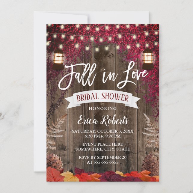 Autumn Burgundy Leaves Lantern Fall Bridal Shower Invitation (Front)
