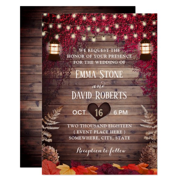 256164495597996060 Autumn Burgundy Leaves Rustic Lantern Fall Wedding Invitation