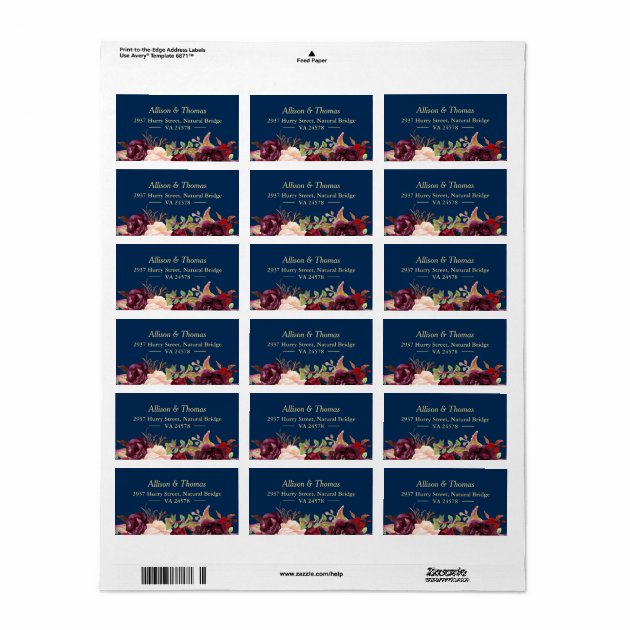 Autumn Burgundy Marsala Floral Navy Blue Wedding Label