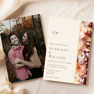 Autumn Burgundy Modern Monogram Photo Wedding Invitation
