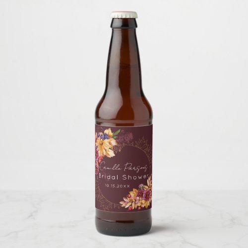 Autumn Burgundy Moody Watercolor Bridal Shower Beer Bottle Label