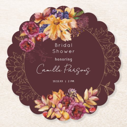 Autumn Burgundy Moody Watercolor Bridal Shower Paper Coaster