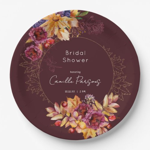 Autumn Burgundy Moody Watercolor Bridal Shower Paper Plates