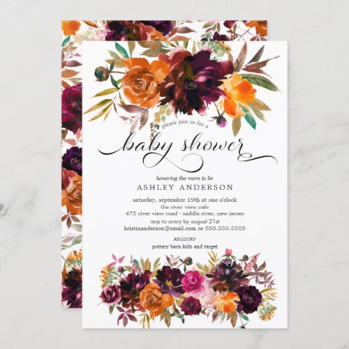 Autumn Burgundy  Orange Floral Baby Shower Invitation