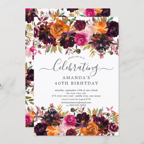 Autumn Burgundy  Orange Floral Birthday Party Invitation