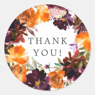 Autumn Burgundy & Orange Floral Bridal Shower Classic Round Sticker
