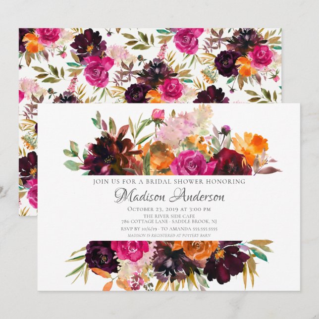 Autumn Burgundy & Orange Floral Bridal Shower Invitation (Front/Back)
