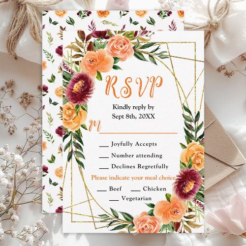 Autumn Burgundy Orange Floral Wedding Meal Choice RSVP Card