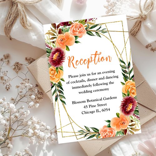 Autumn Burgundy Orange Floral Wedding Reception Enclosure Card