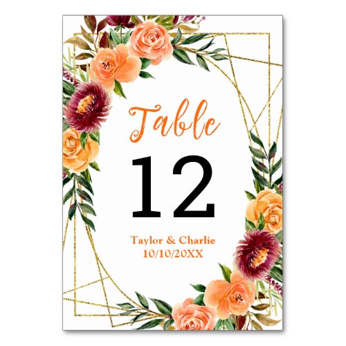 Autumn Burgundy Orange Floral Wedding Table Number