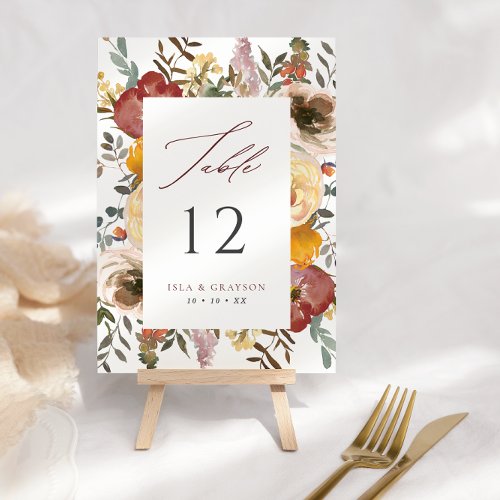 Autumn Burgundy  Orange Floral Wedding Table Number