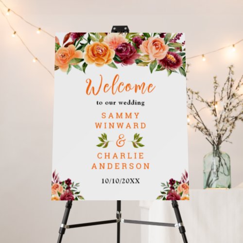 Autumn Burgundy Orange Floral Wedding Welcome Sign